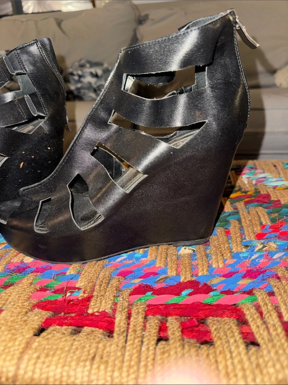 BCBGeneration Black Strappy Cutout Wedge Sandals